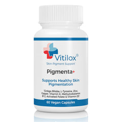 Vitilox Pigmenta+ bottle front view highlighting skin tone support.