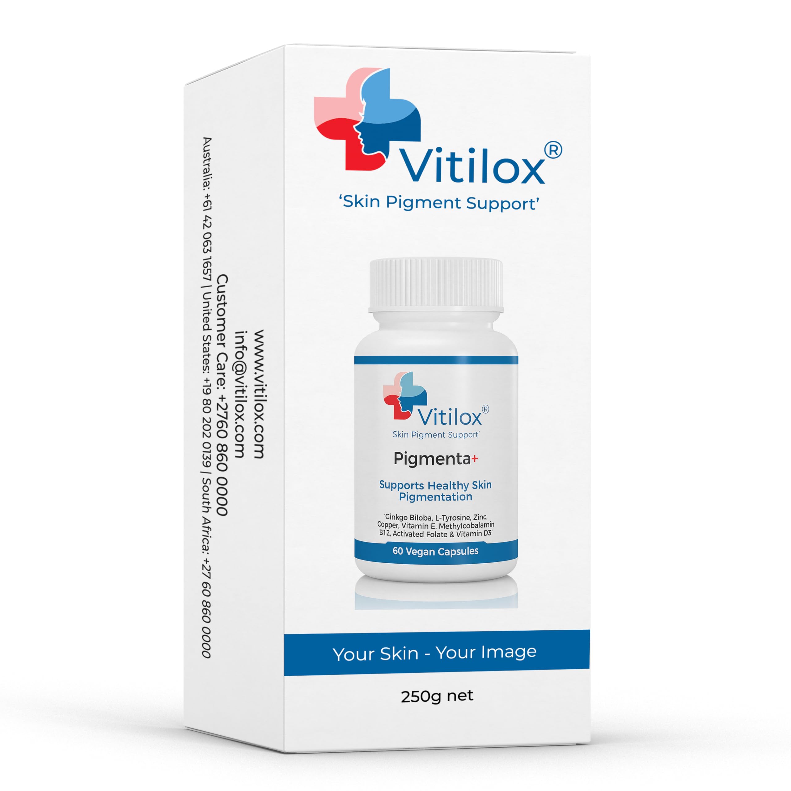 Vitilox Pigmenta+ packaging detail showcasing bottle and label quality.