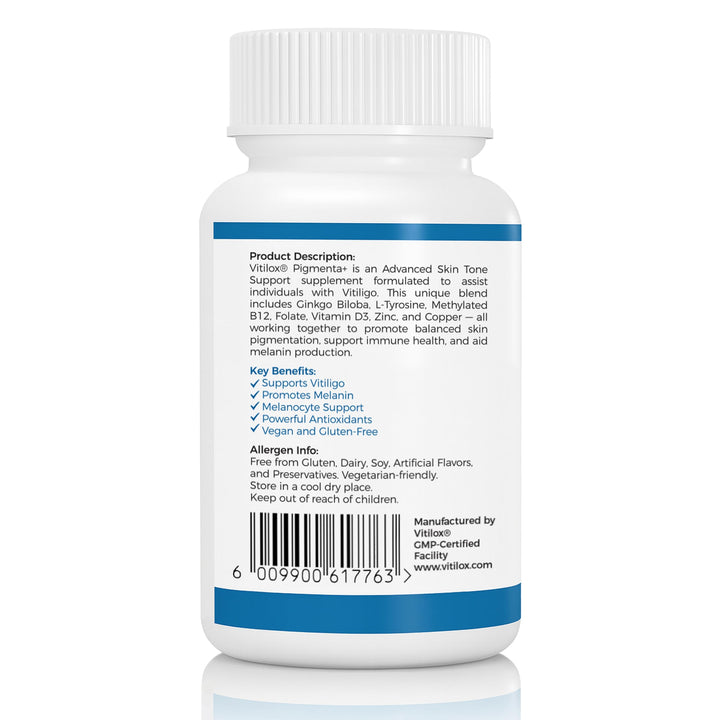 Vitilox Pigmenta+ tablet close-up showing vegan capsules for pigmentation health.