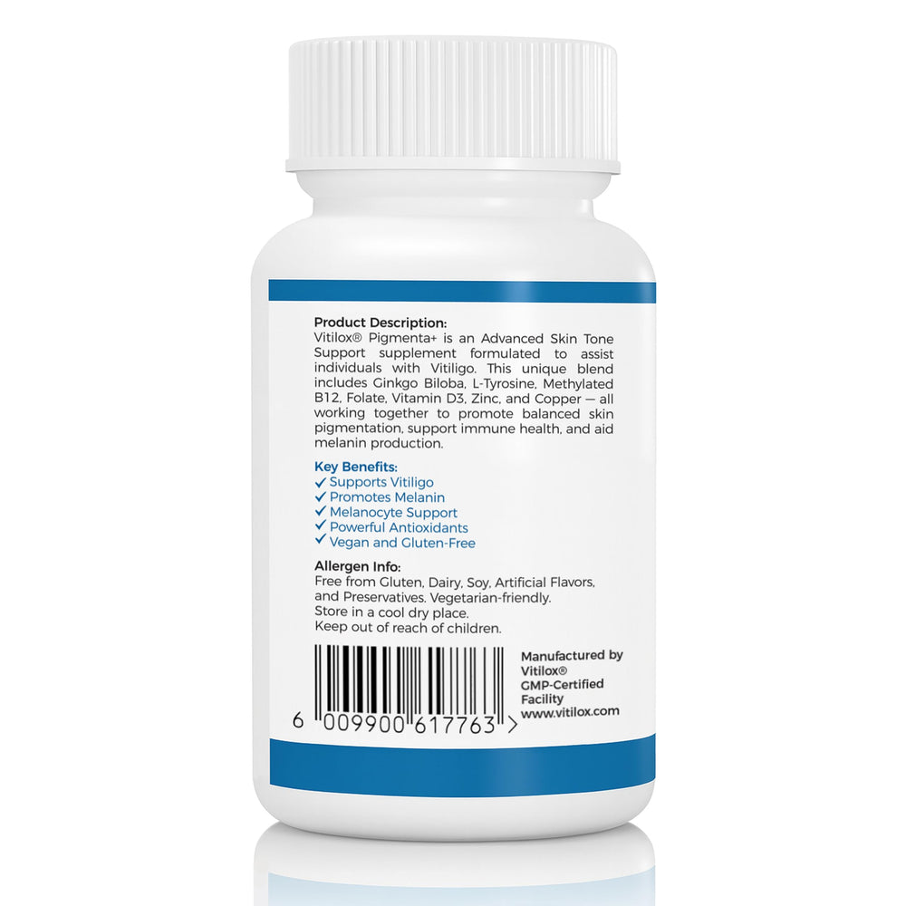 Vitilox Pigmenta+ tablet close-up showing vegan capsules for pigmentation health.