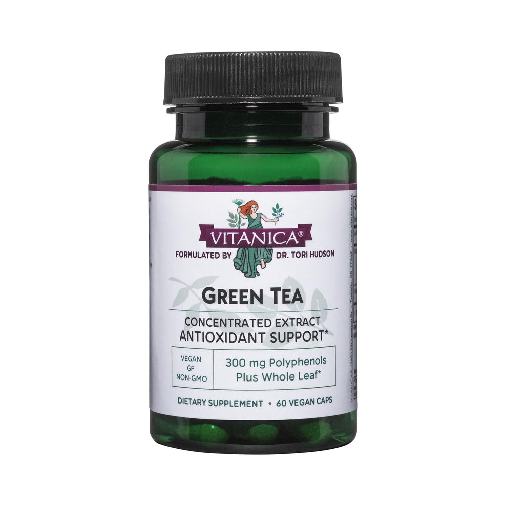 Vitanica Green Tea Extract bottle showing 330 mg potency and vegan formula.