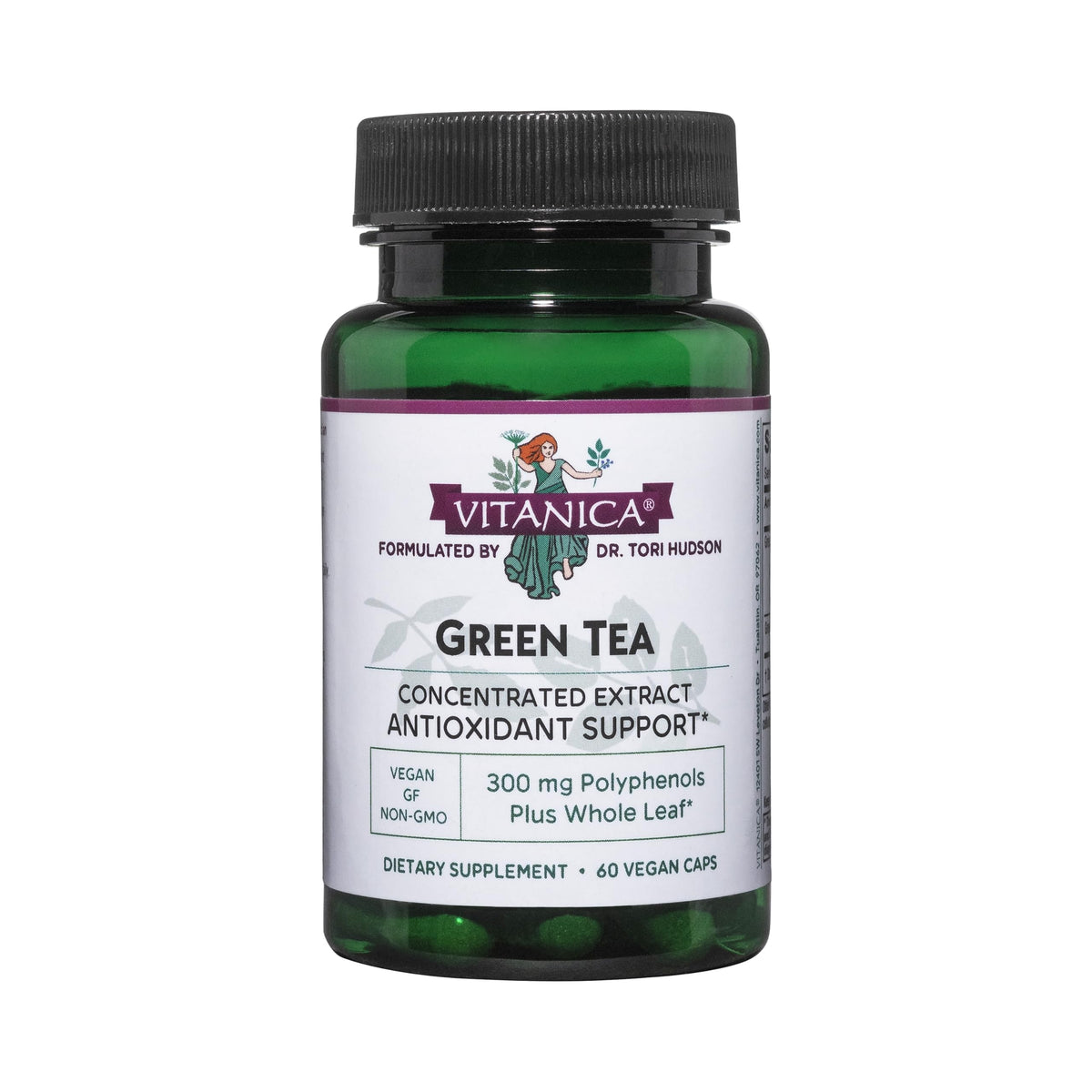 Vitanica Green Tea Extract bottle showing 330 mg potency and vegan formula.