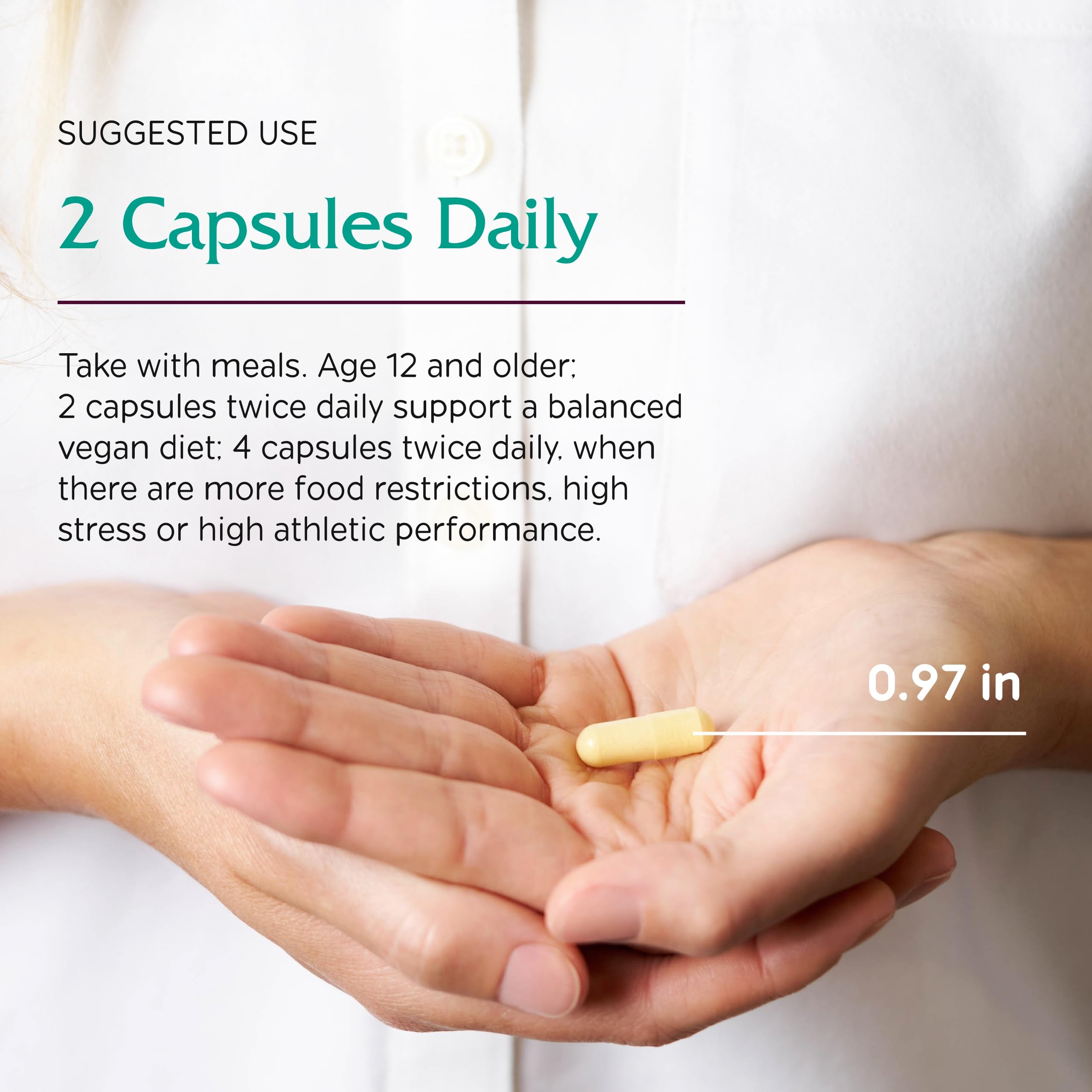 Vitanica Vegan Symmetry dosage guide showing two capsules twice daily