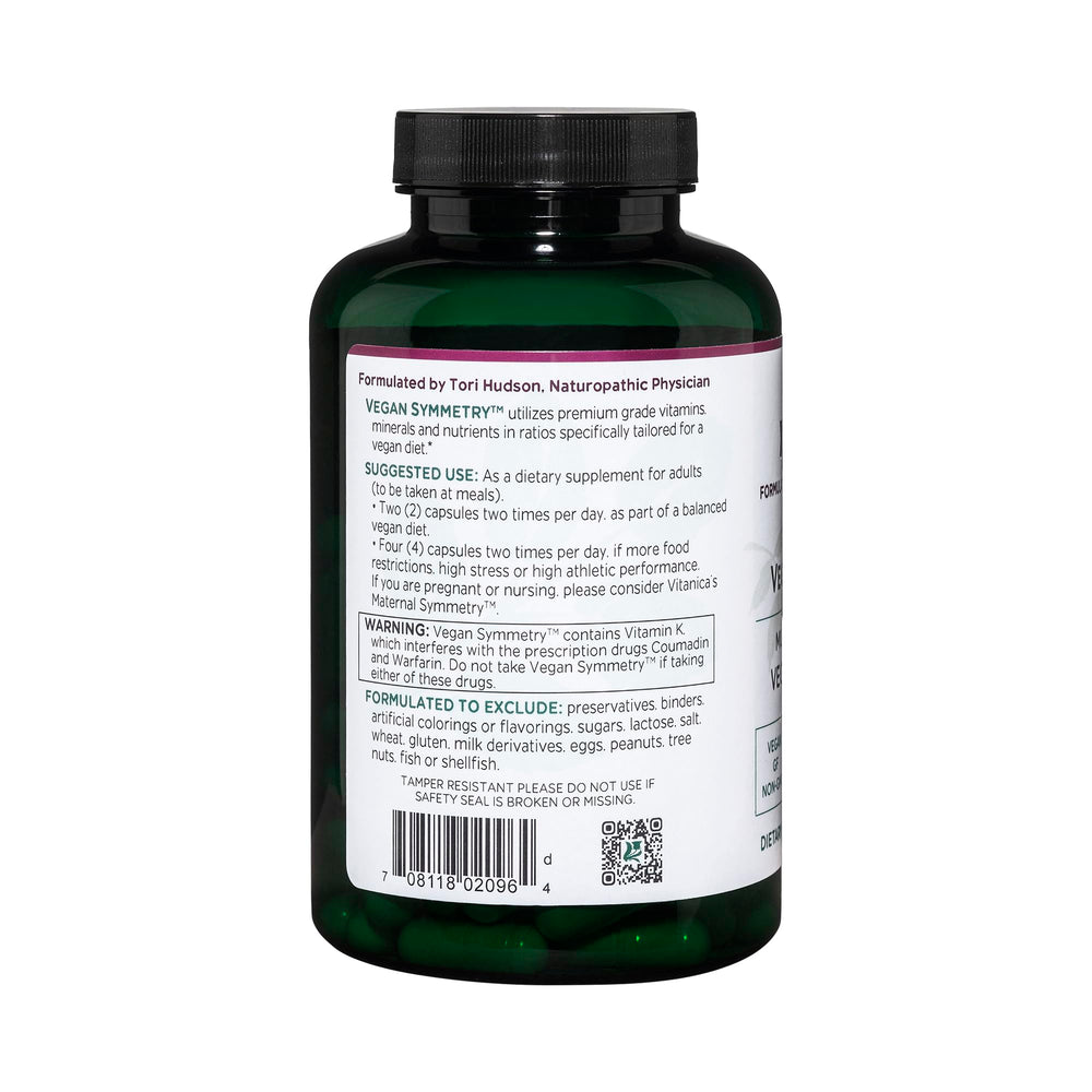 Vitanica Vegan Symmetry label close-up highlighting non-GMO ingredients