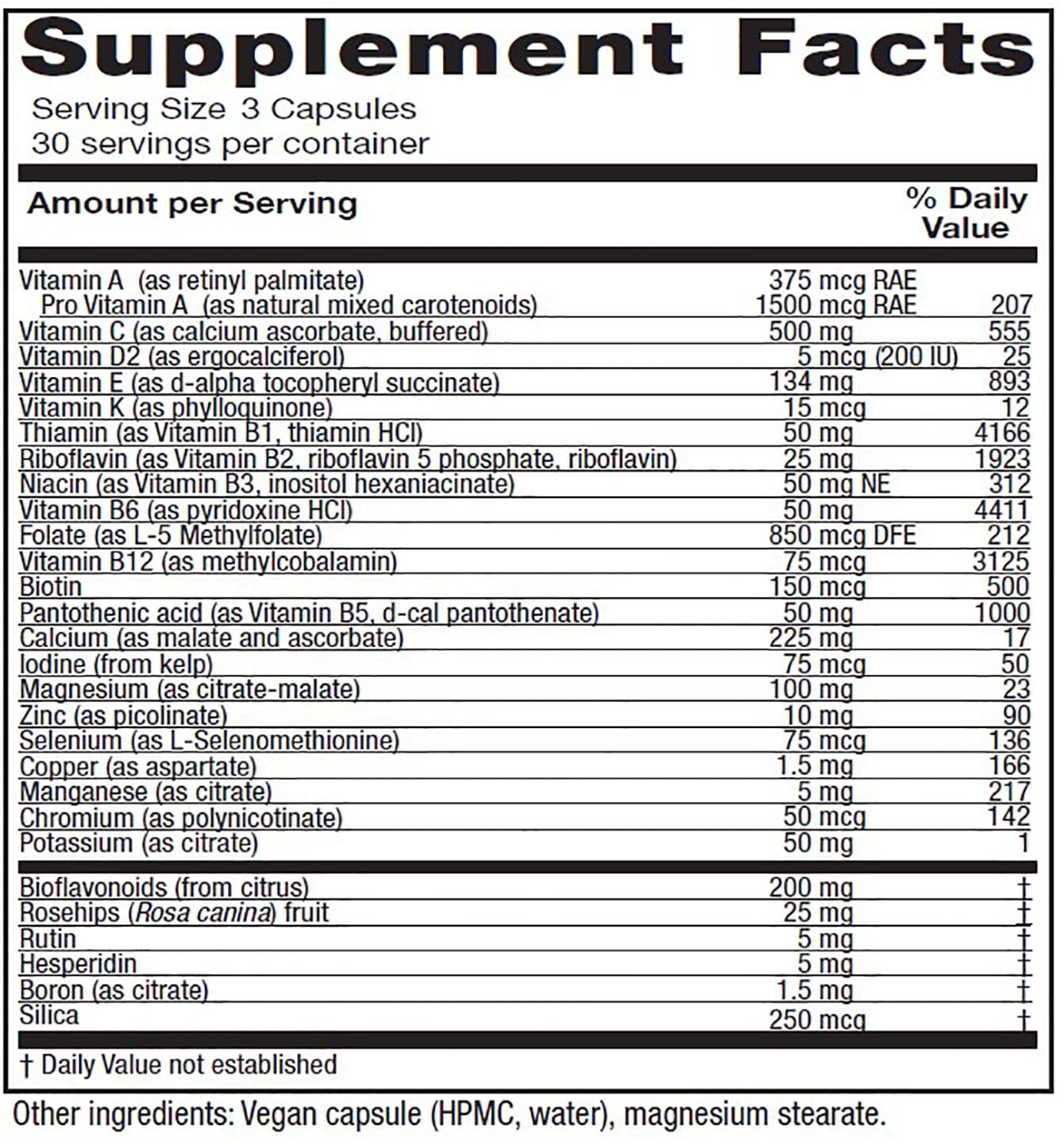Vitanica Women's Symmetry bottle back label with allergen-free promise.