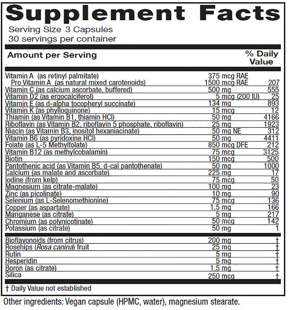 Vitanica Women's Symmetry bottle back label with allergen-free promise.