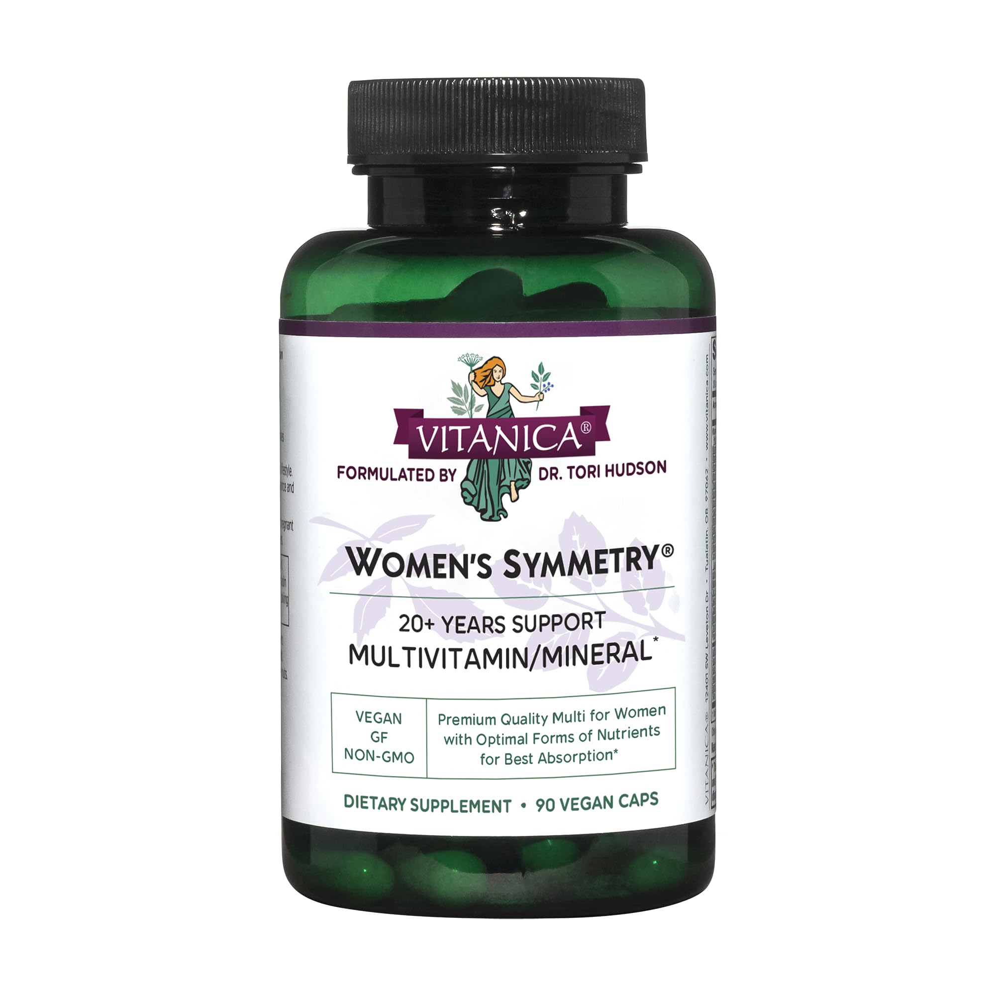 Vitanica Women's Symmetry bottle front view showing vegan, high-potency multivitamin.