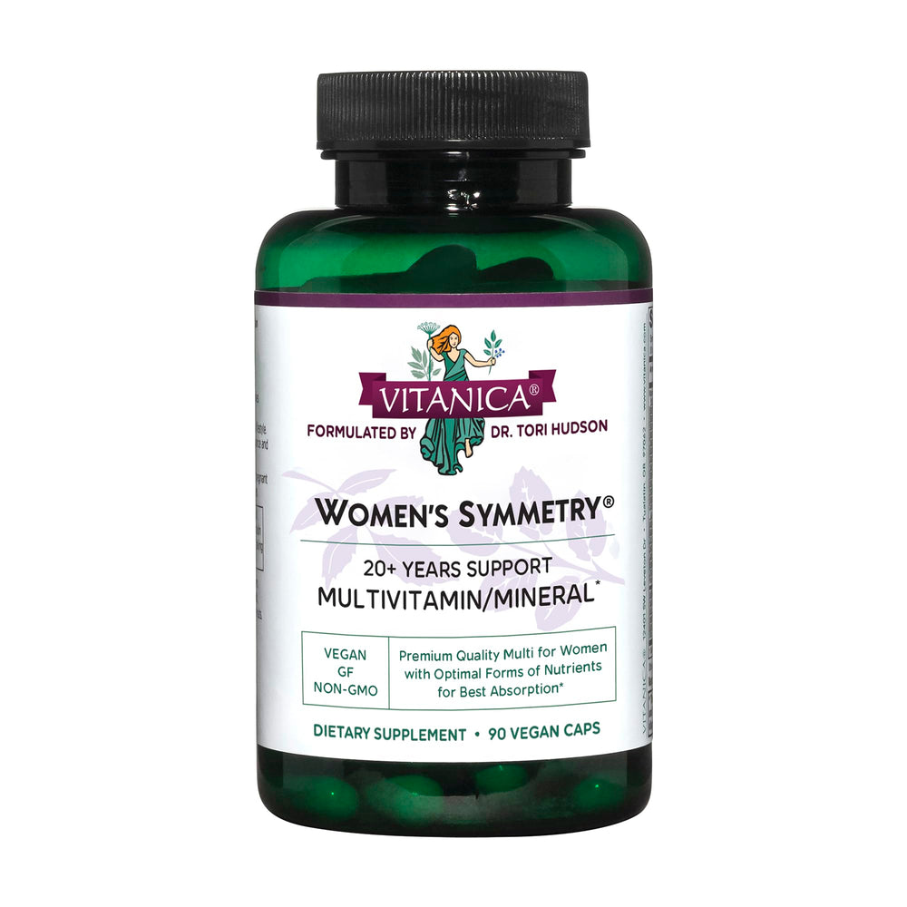 Vitanica Women's Symmetry bottle front view showing vegan, high-potency multivitamin.