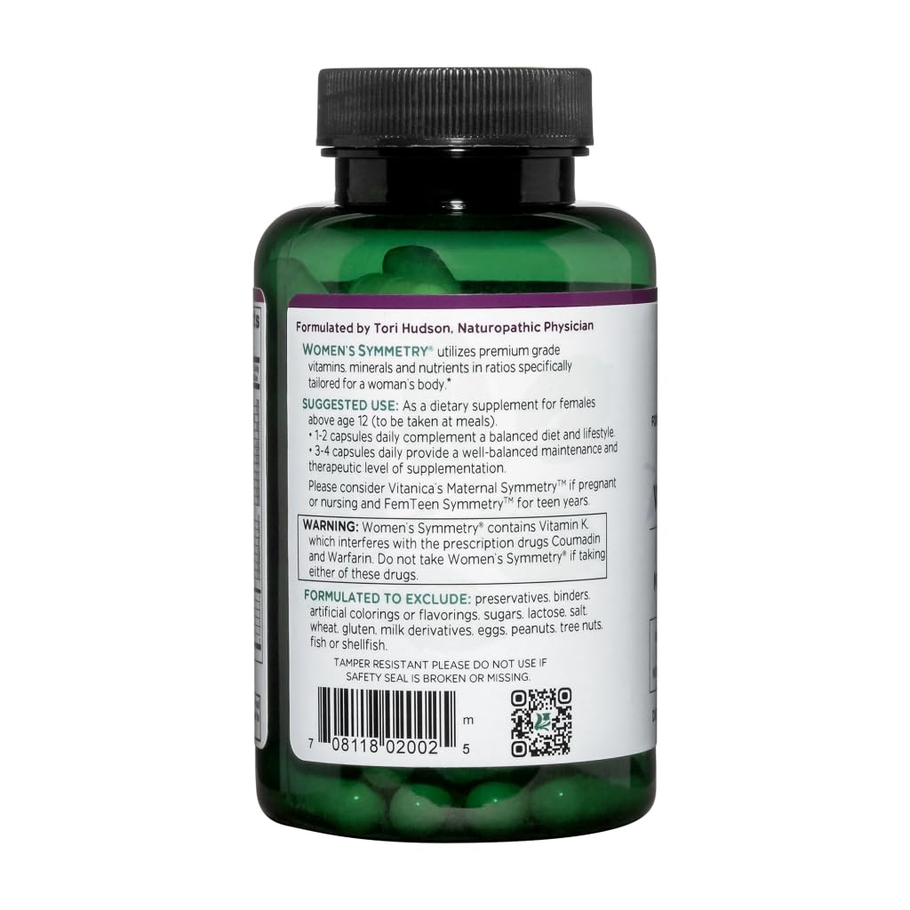 Vitanica Women's Symmetry capsules close-up showing high-potency nutrients for daily balance.
