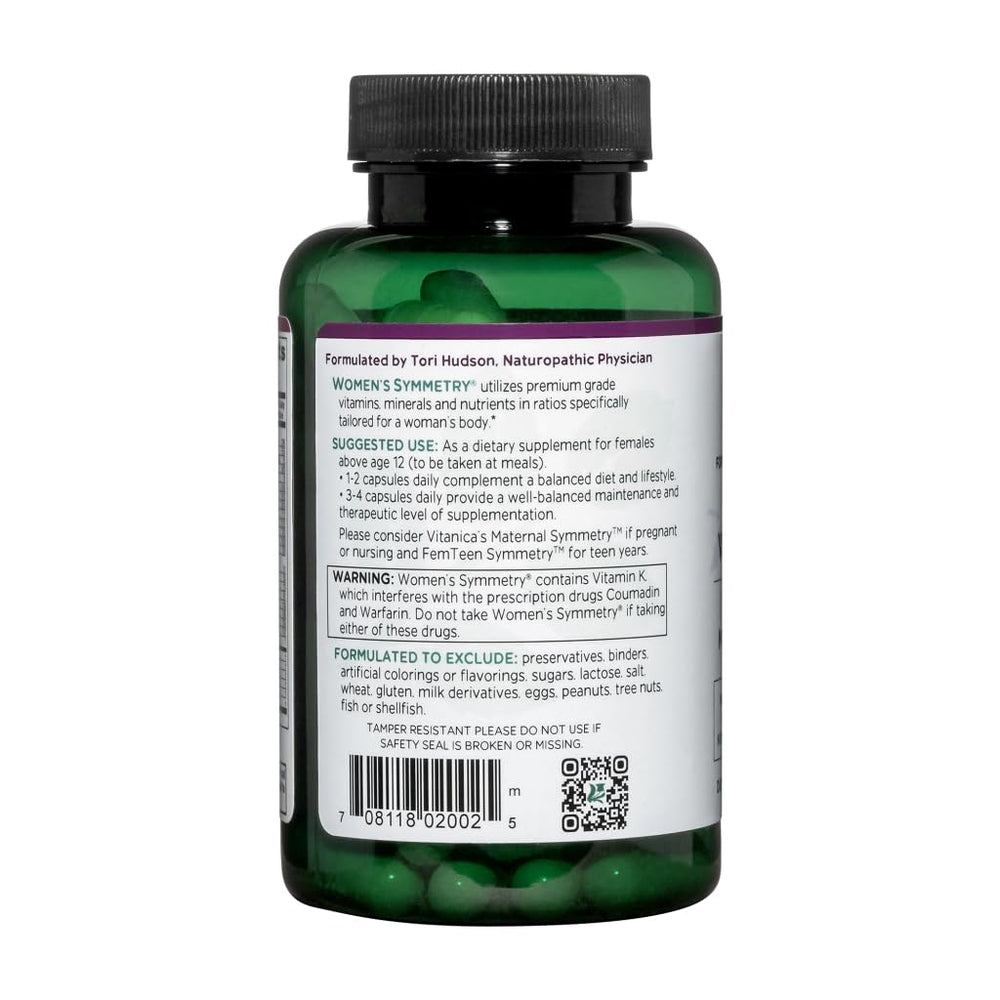 Vitanica Women's Symmetry capsules close-up showing high-potency nutrients for daily balance.