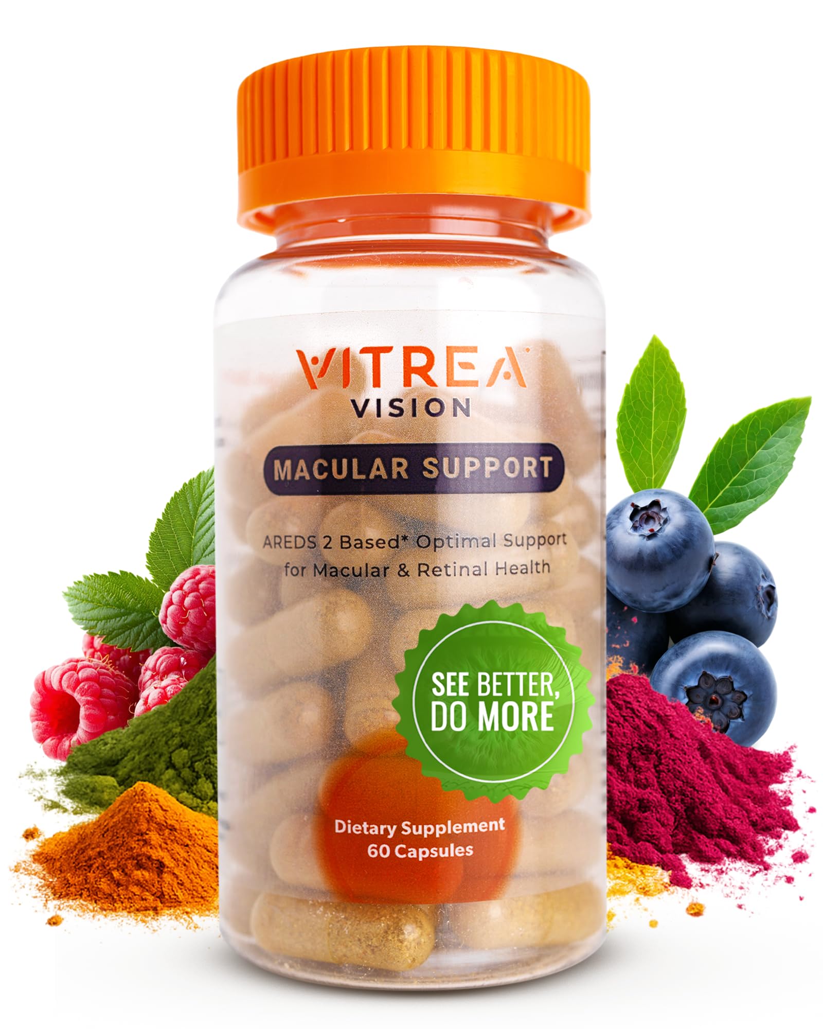 Vitrea Vision bottle front showing the macular support formula for daily eye health.