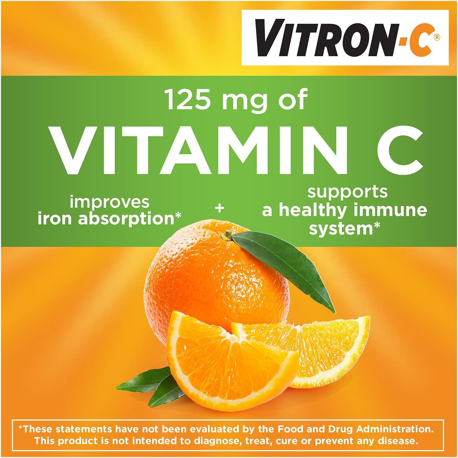 Vitron-C tablet beside label showing 65mg iron content.