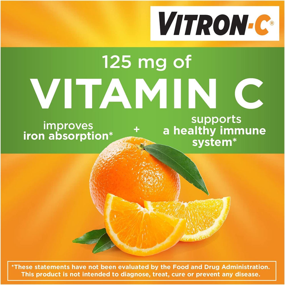 Vitron-C tablet beside label showing 65mg iron content.