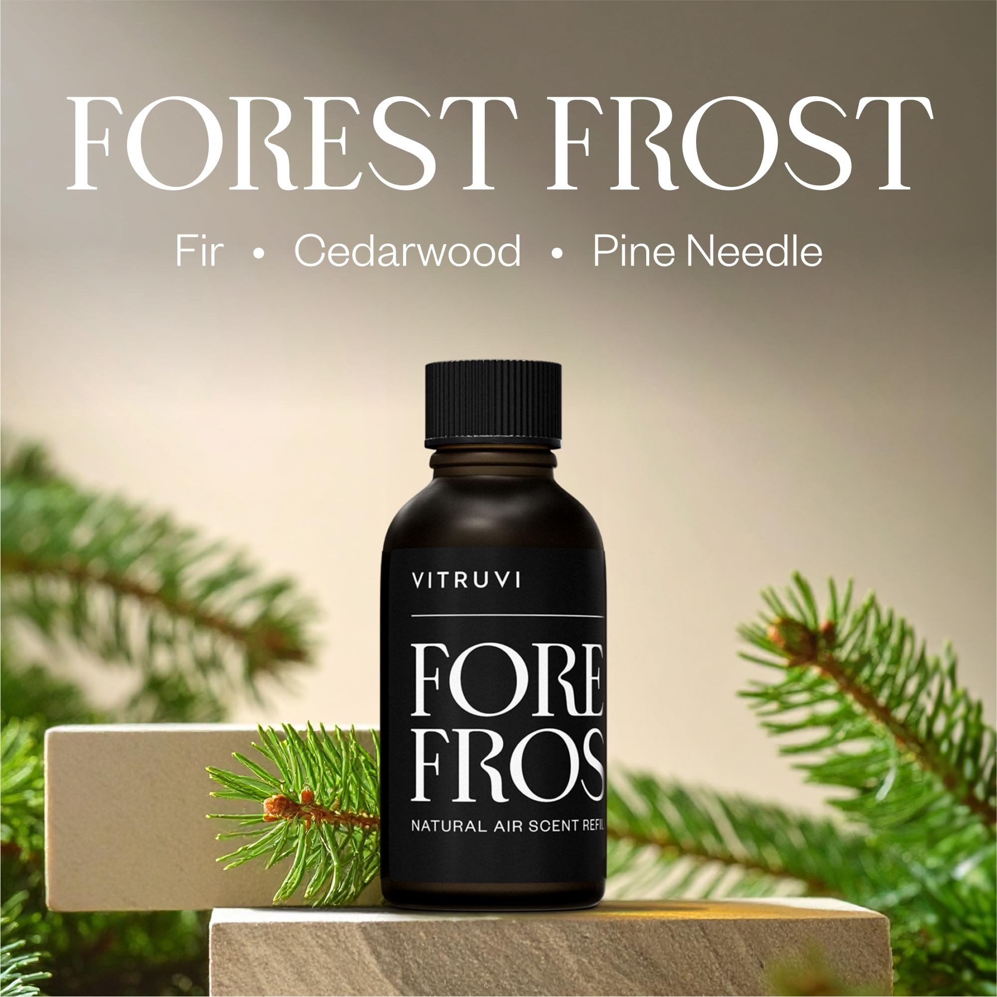 Vitruvi Forest Frost refill cap close-up with secure seal for spill-free use.