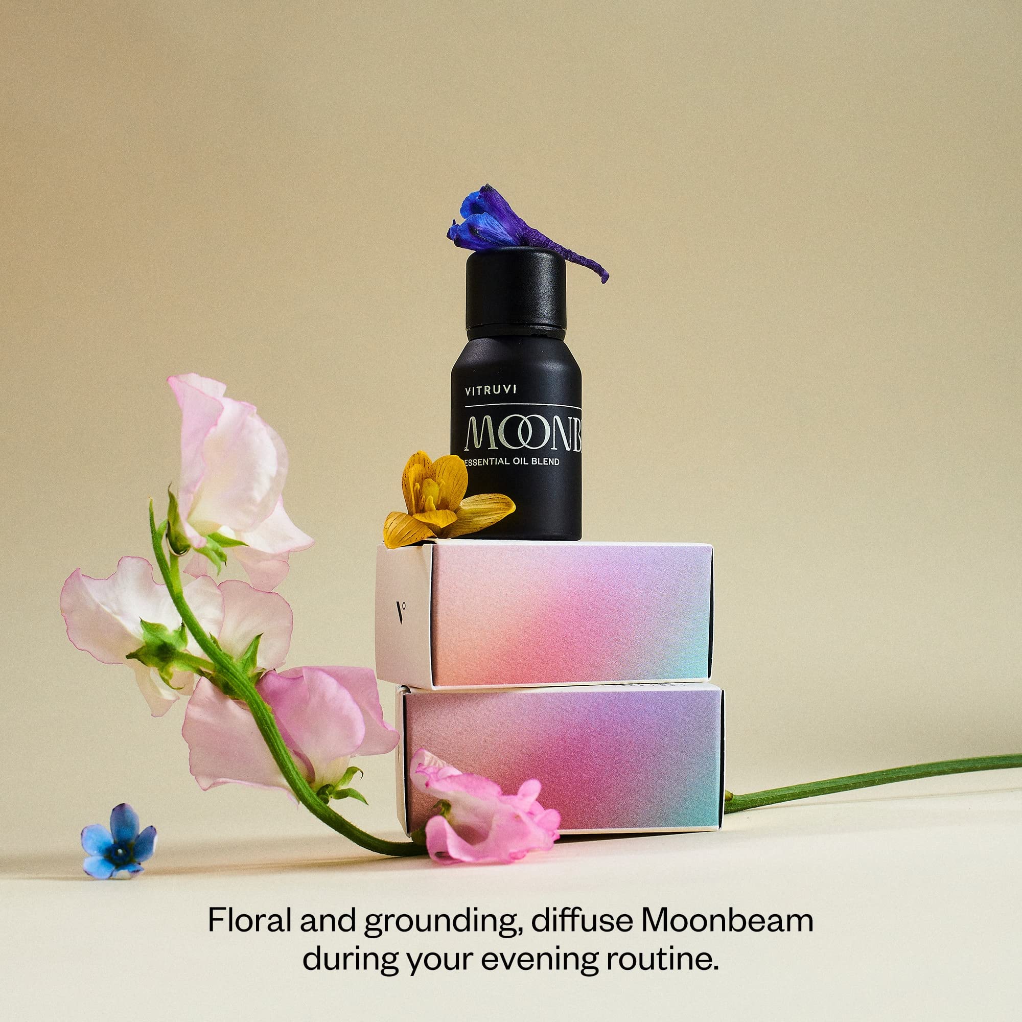 Vitruvi Moonbeam rose jasmine essence bottle conveying a romantic aroma.