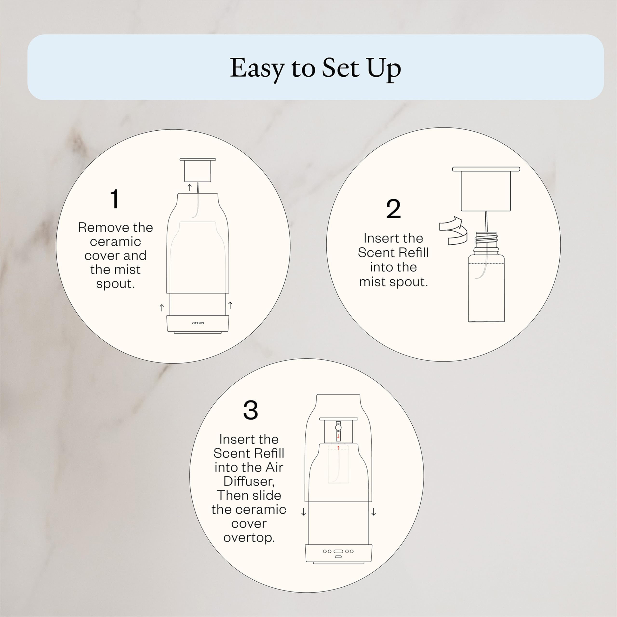 Vitruvi Sleep Scent Refill beside diffuser illustrating easy, mess-free scenting setup.