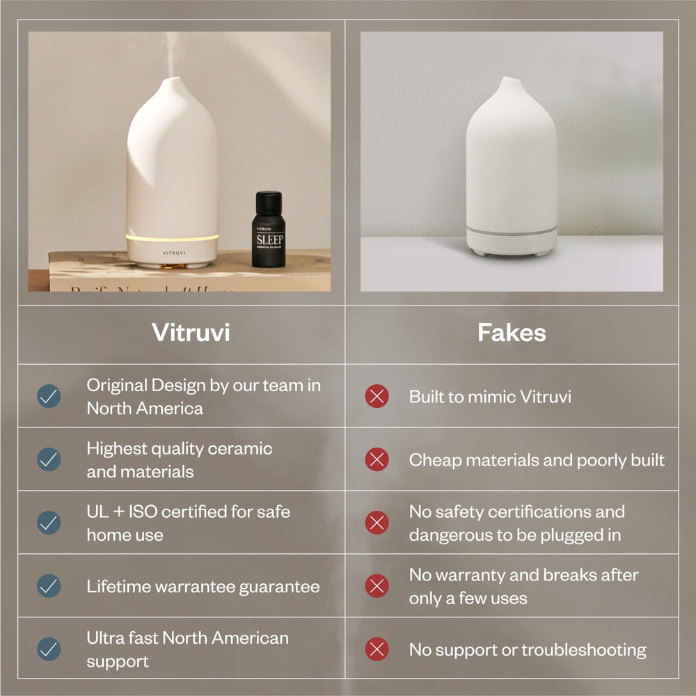 Vitruvi Stone Ceramic Diffuser emits lasting mist for extended fragrance.