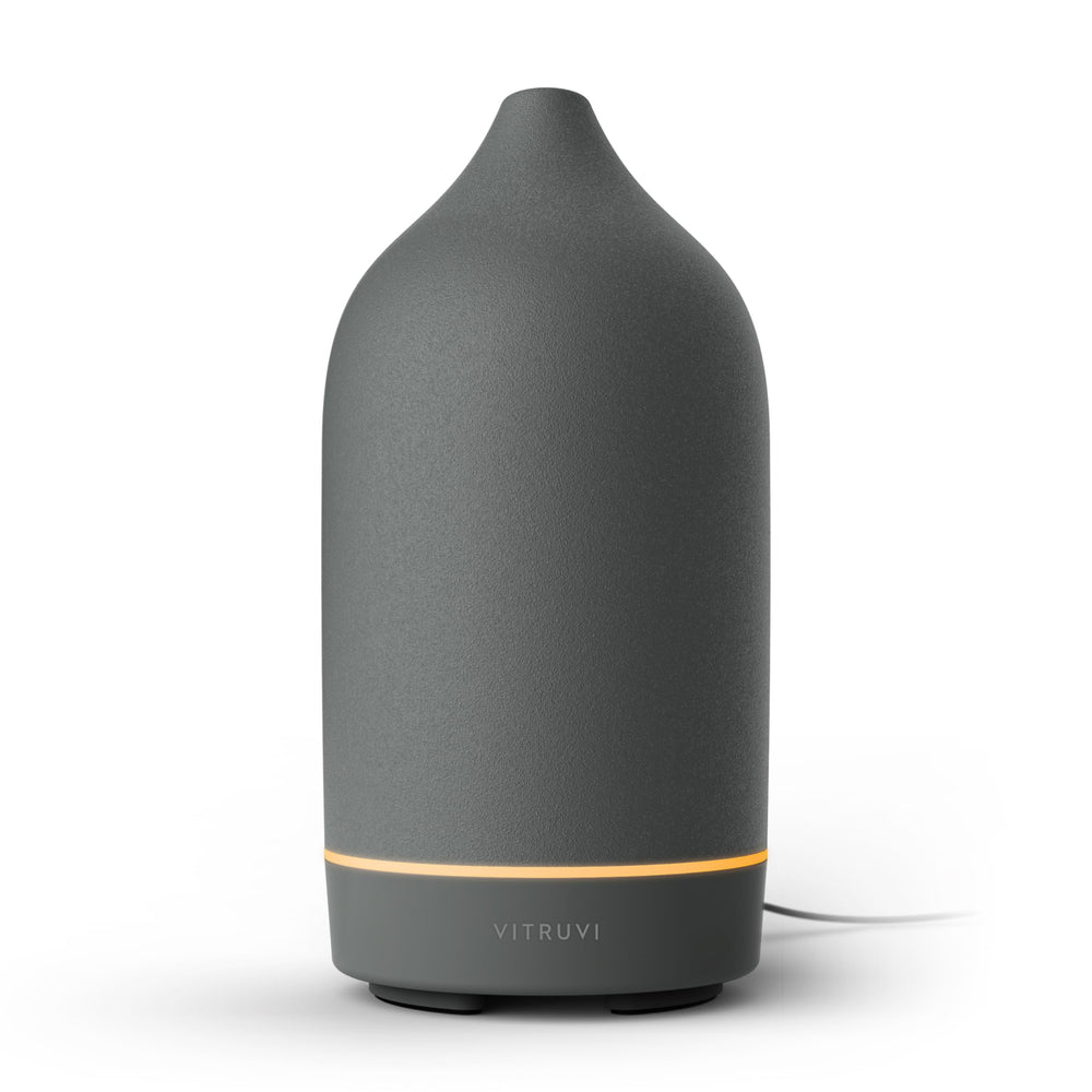 Vitruvi Stone Ceramic Diffuser cover adds elegant pottery-style decor to any room.