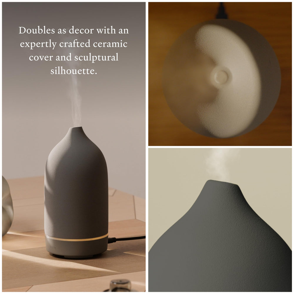Vitruvi Stone Ceramic Diffuser with soft LED glow for ambient lighting.