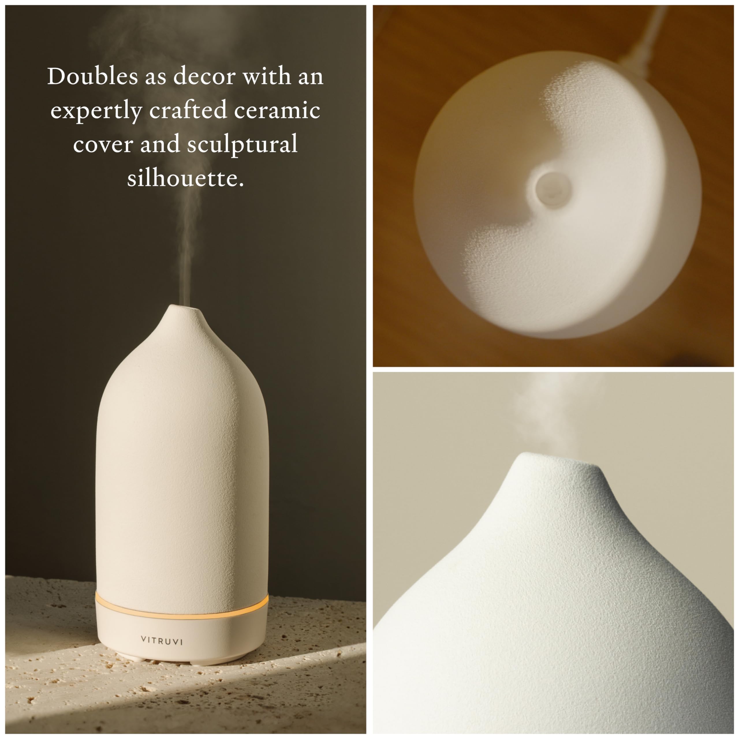 Vitruvi Stone Diffuser 90ml capacity with 4h and 8h modes for lasting fragrance