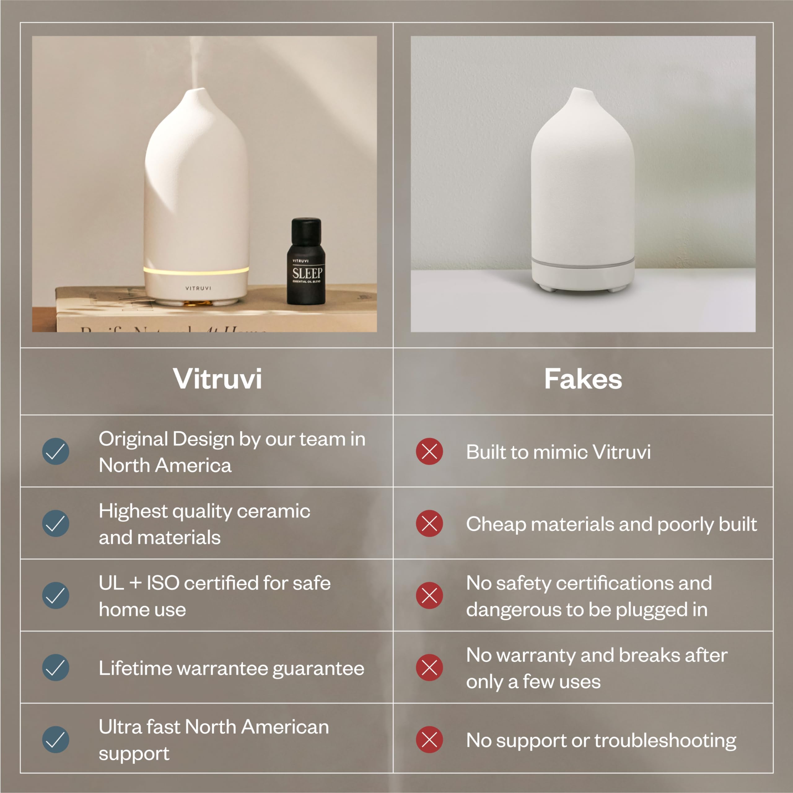 Vitruvi Stone Diffuser on a bedside table with auto shut off safety feature