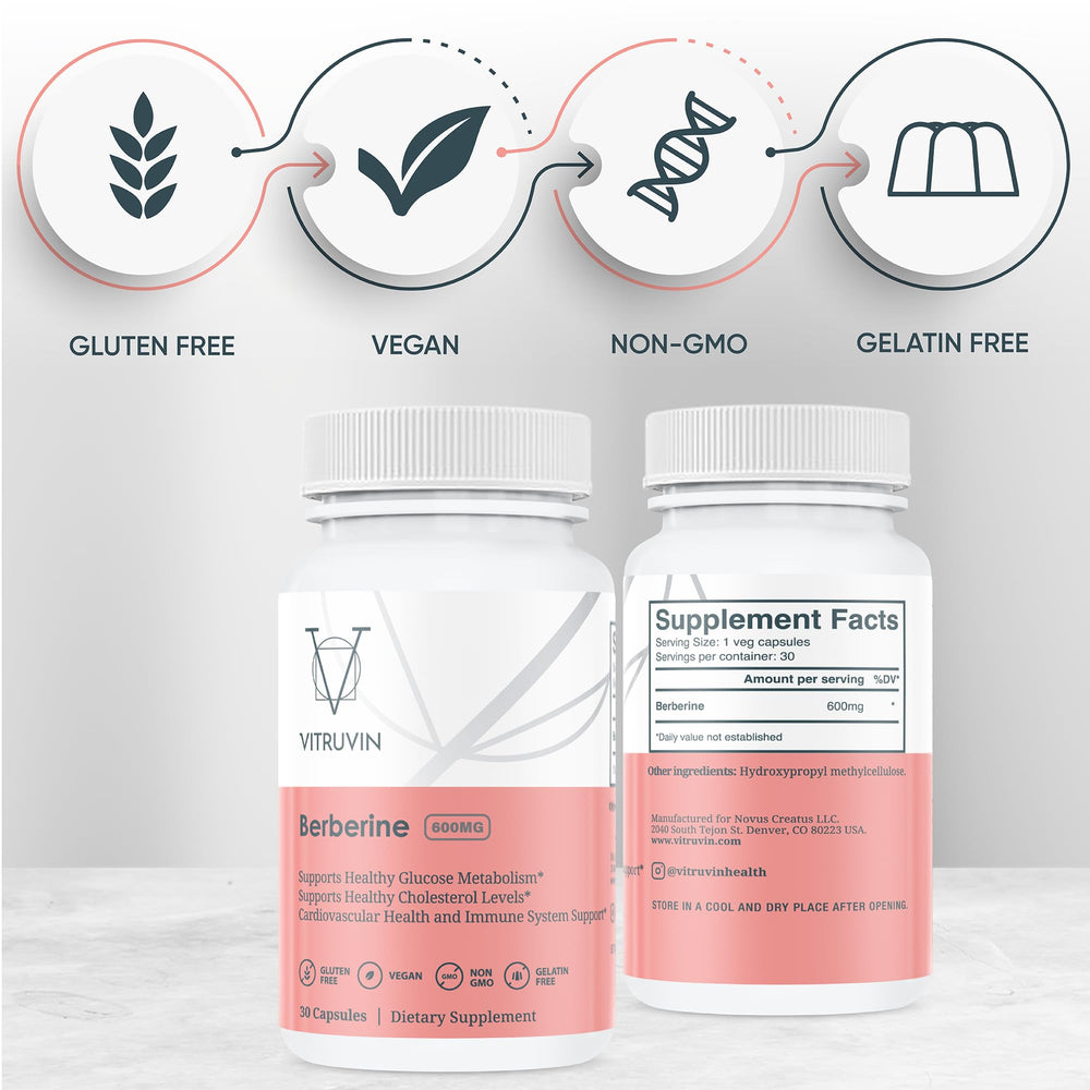 Vitruvin Berberine gelatin-free capsules highlight vegan shell for digestion-friendly use.