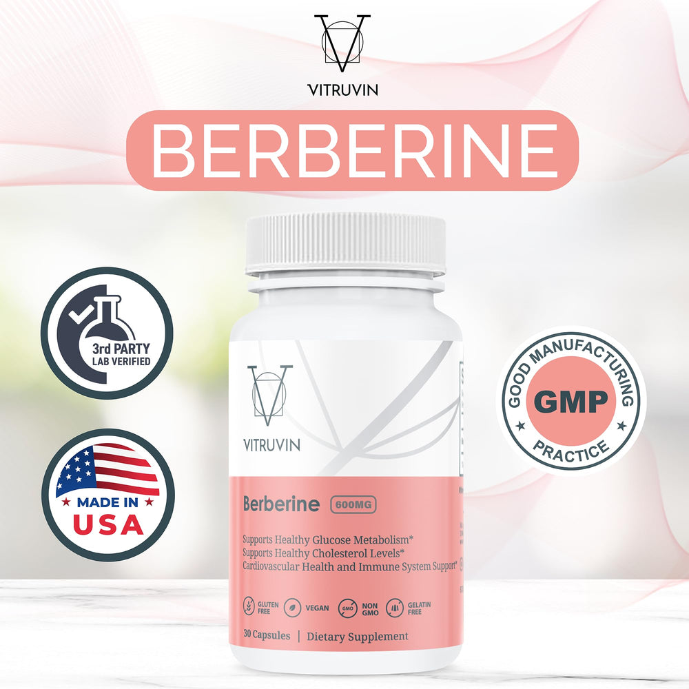 Vitruvin Berberine capsules highlight vegan, non-GMO formula for daily wellness.