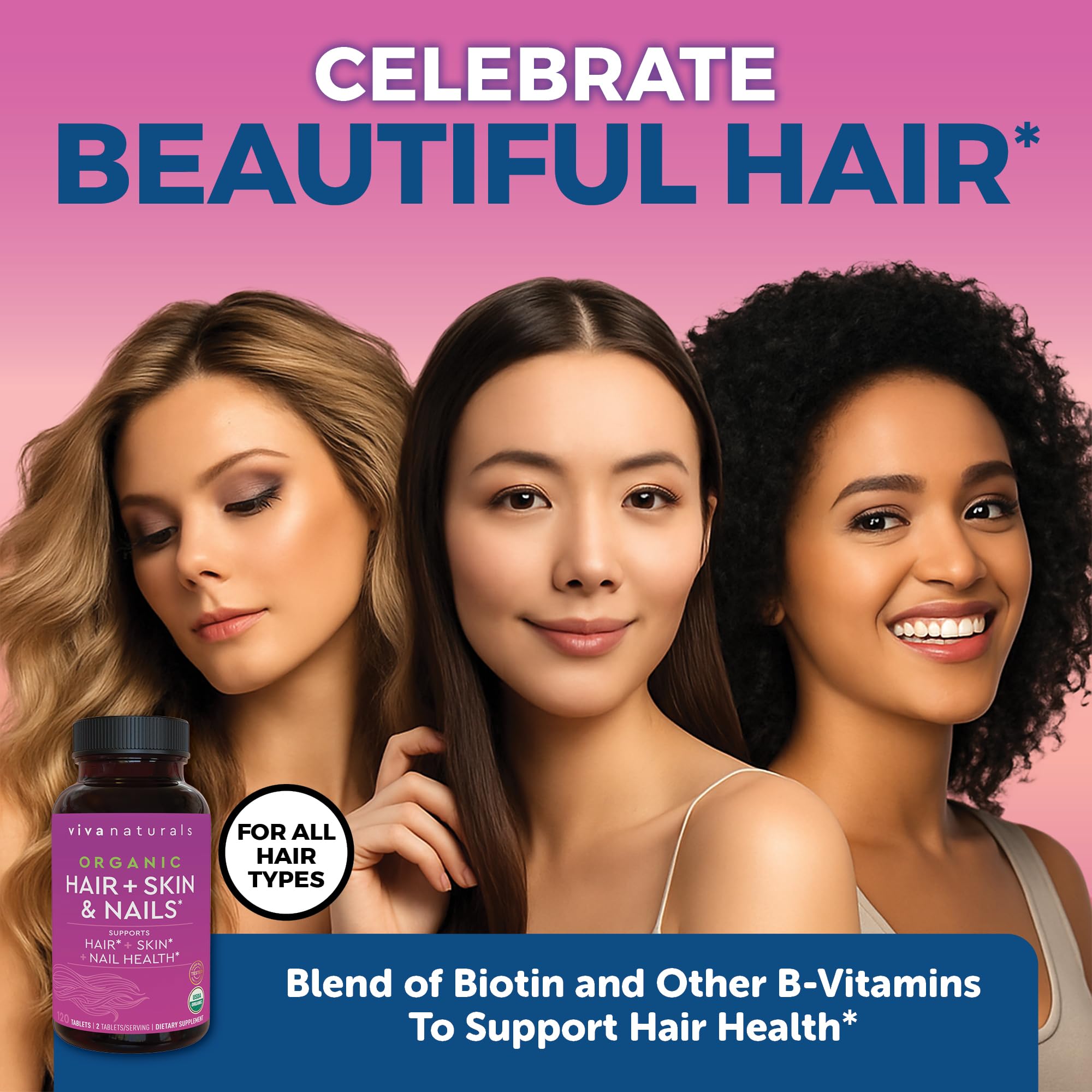 Viva Naturals Biotin 5000 mcg label highlighting organic ingredients.