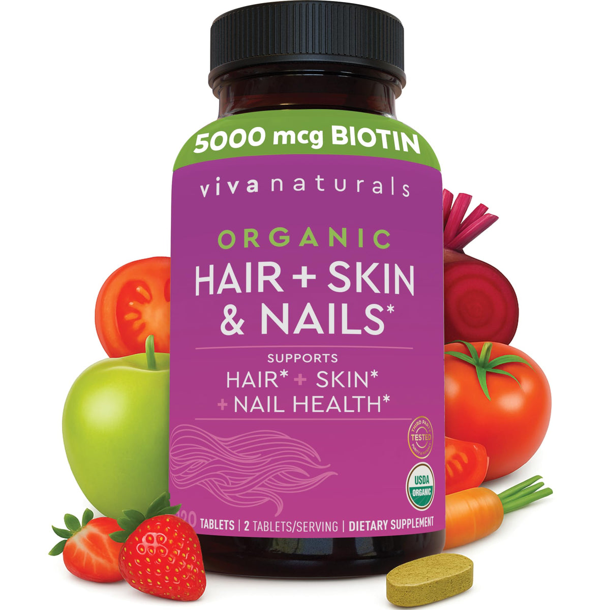 Viva Naturals Hair Skin Nails bottle with biotin-rich formula for keratin support.