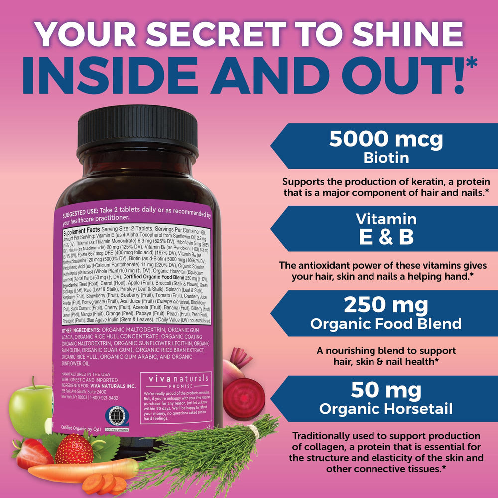 Viva Naturals Organic Horsetail and Spirulina ingredients shown for plant-based nourishment.