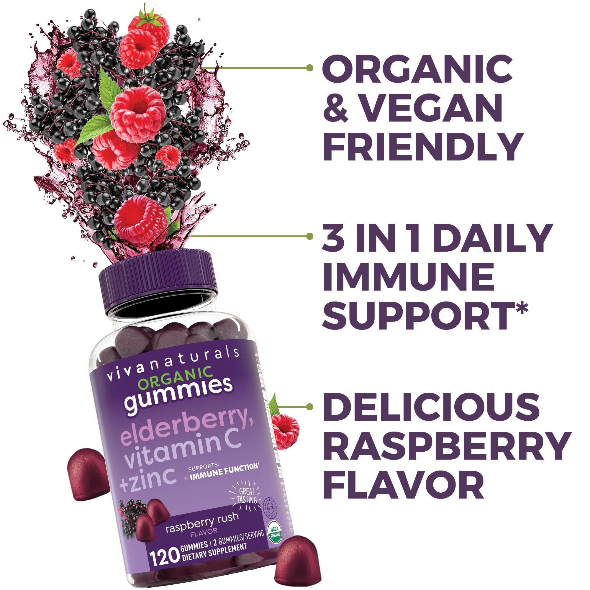 USDA Organic seal visible on Viva Naturals elderberry gummies packaging.