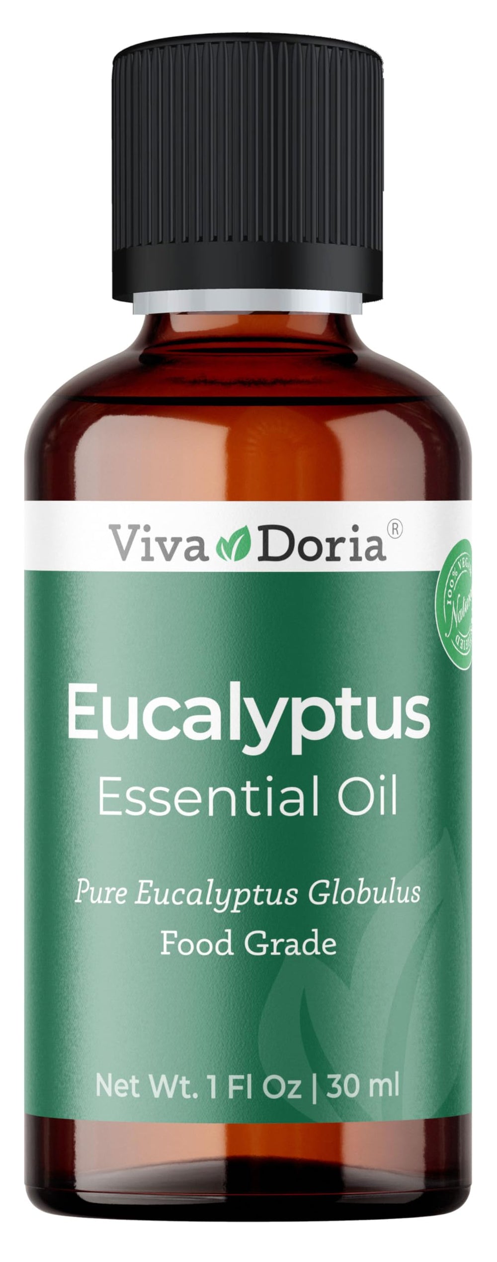 Viva Doria eucalyptus oil bottle on white background for aromatherapy use.