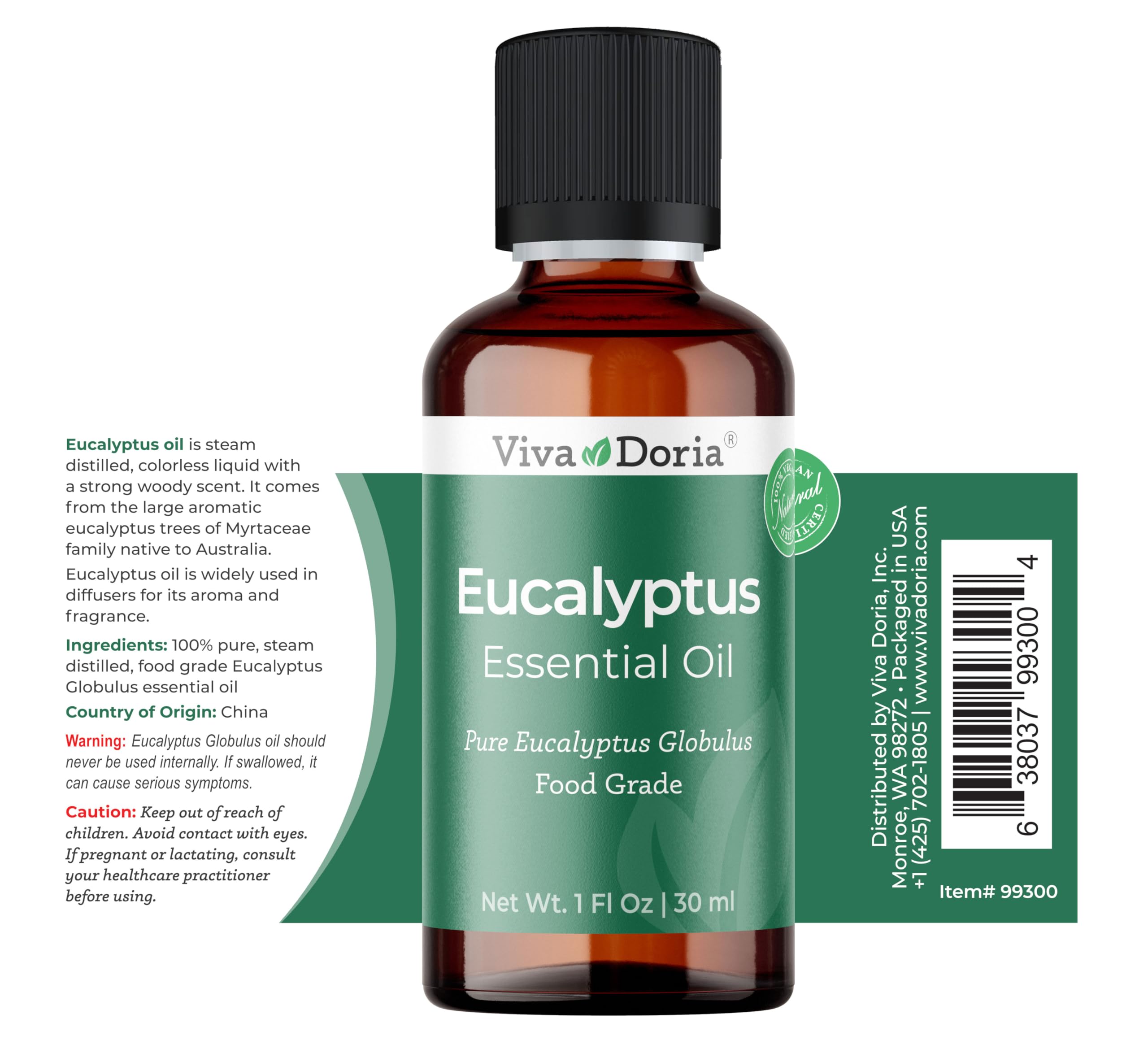 Viva Doria eucalyptus oil origin China labeling on packaging.