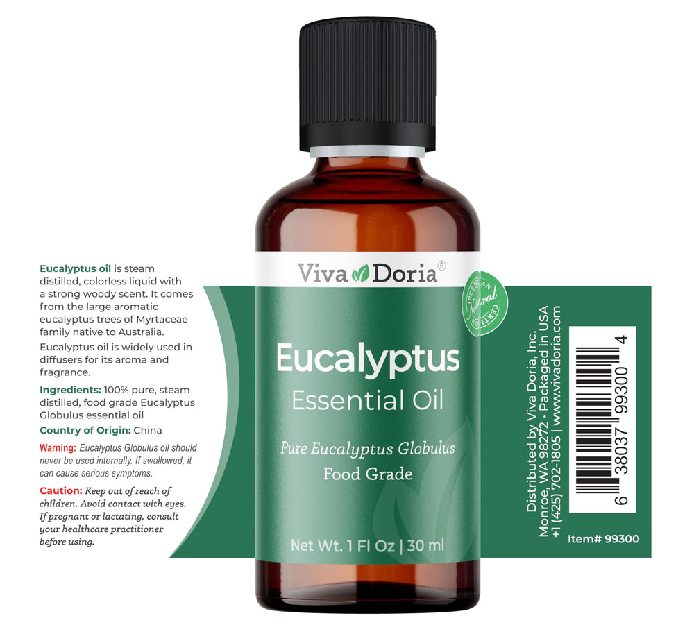 Viva Doria eucalyptus oil origin China labeling on packaging.