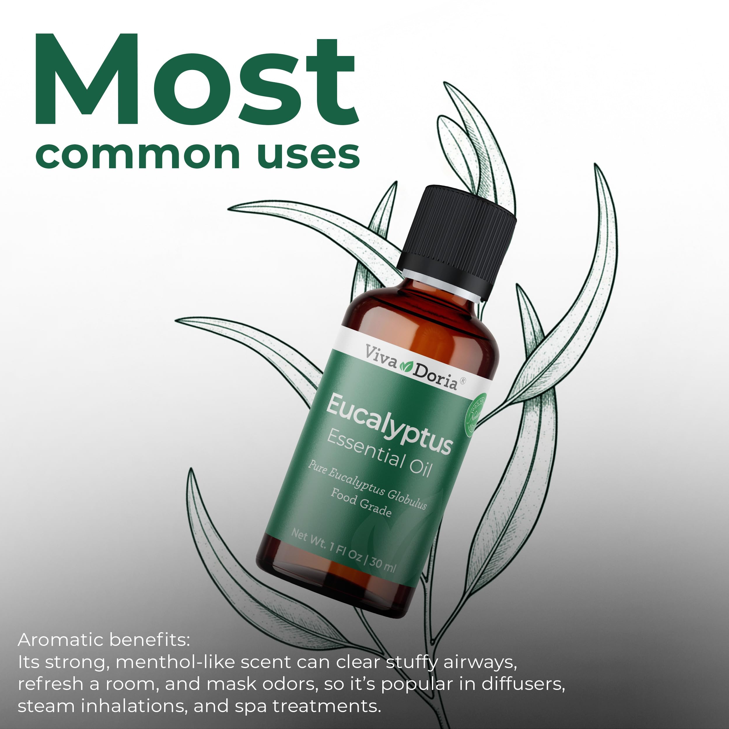 Viva Doria eucalyptus oil pour for convenient aromatherapy and fragrance blending.