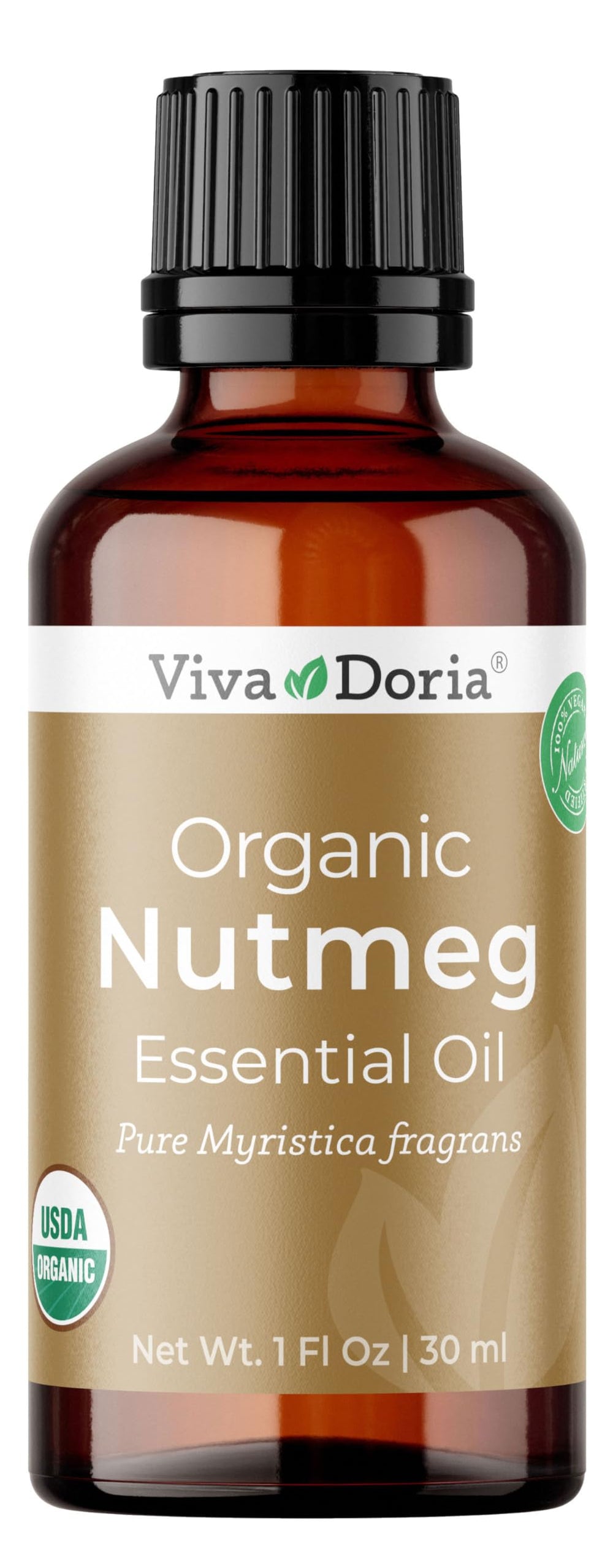 Viva Doria Nutmeg Oil bottle in amber glass for premium aromatherapy