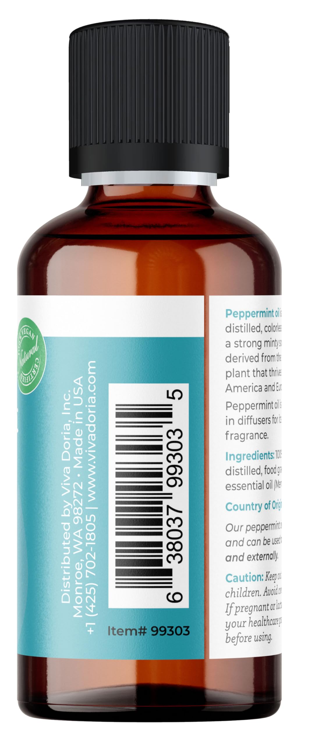 Undiluted Viva Doria Peppermint Oil offers strong aroma for inhalation