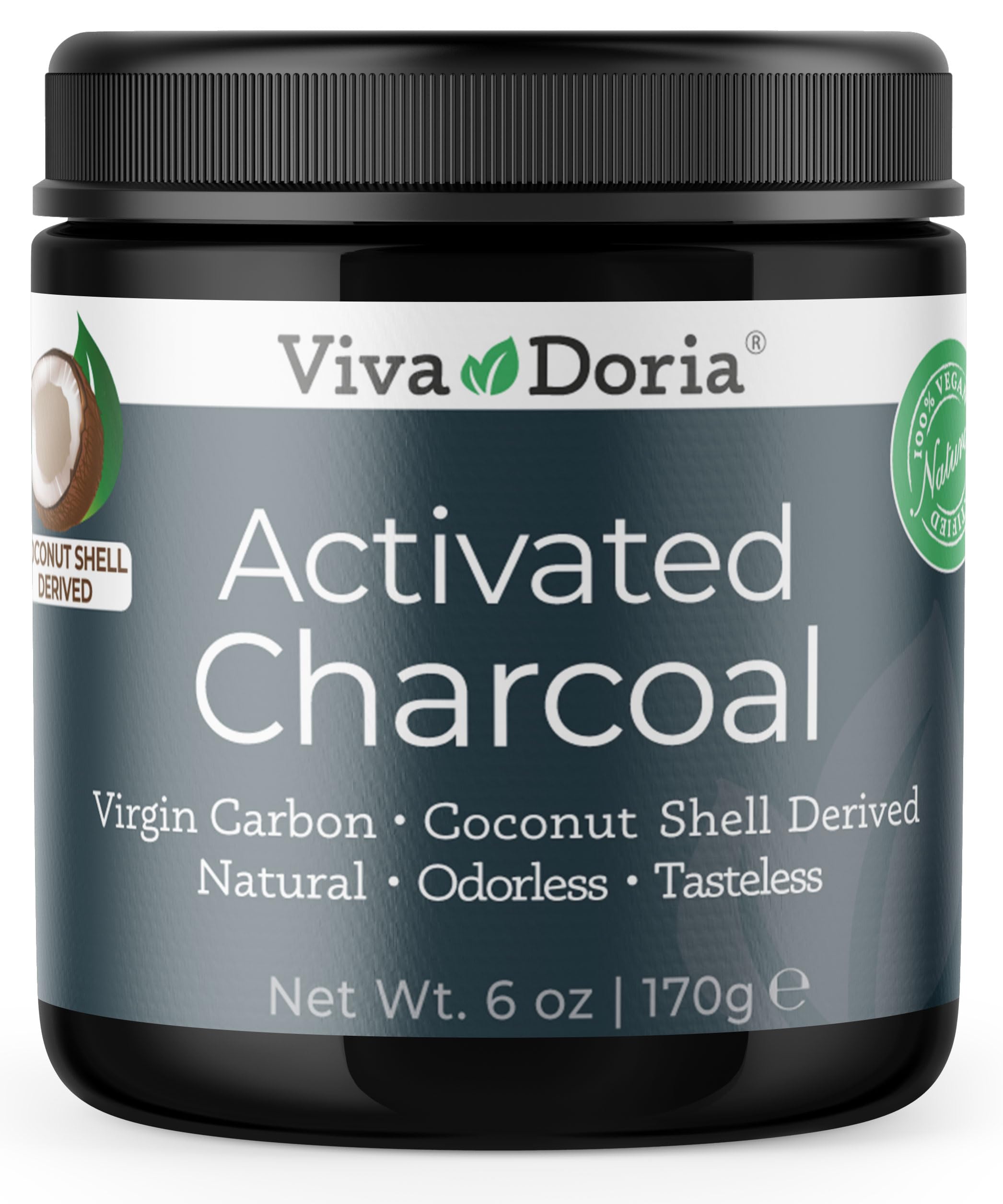 Viva Doria Virgin Activated Charcoal Powder bottle close-up, showcasing coconut-derived charcoal for pure, versatile use.