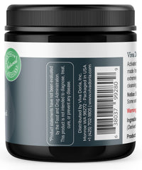 Viva Doria Virgin Activated Charcoal Powder jar on shelf, shows convenient screw-top container for easy measuring.