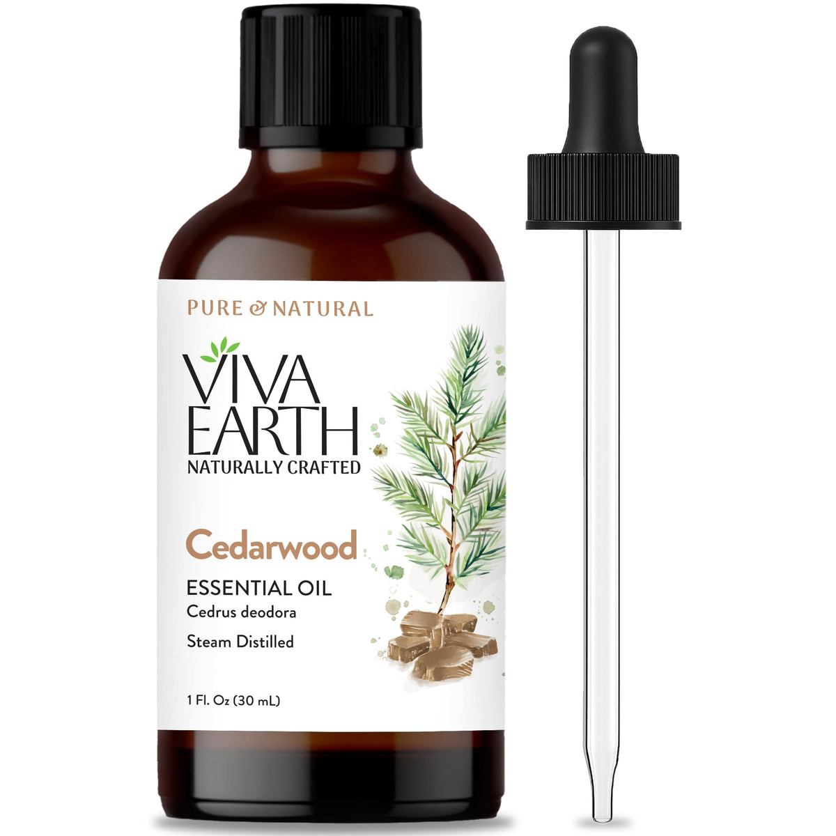 Viva Earth Cedarwood oil bottle with dropper for diffuser blends and grounding aromas.