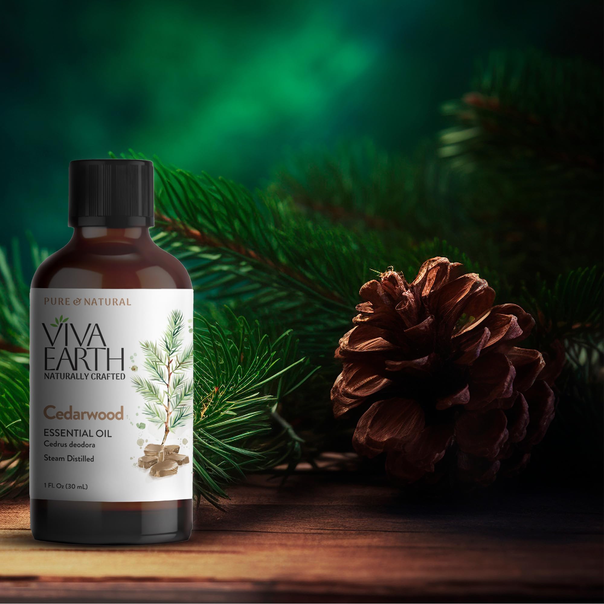 Viva Earth Cedarwood essential oil for candle making with deep scent.