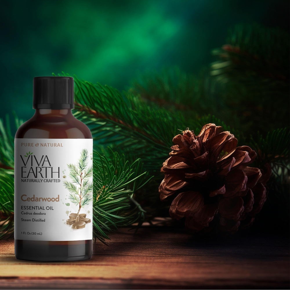Viva Earth Cedarwood essential oil for candle making with deep scent.