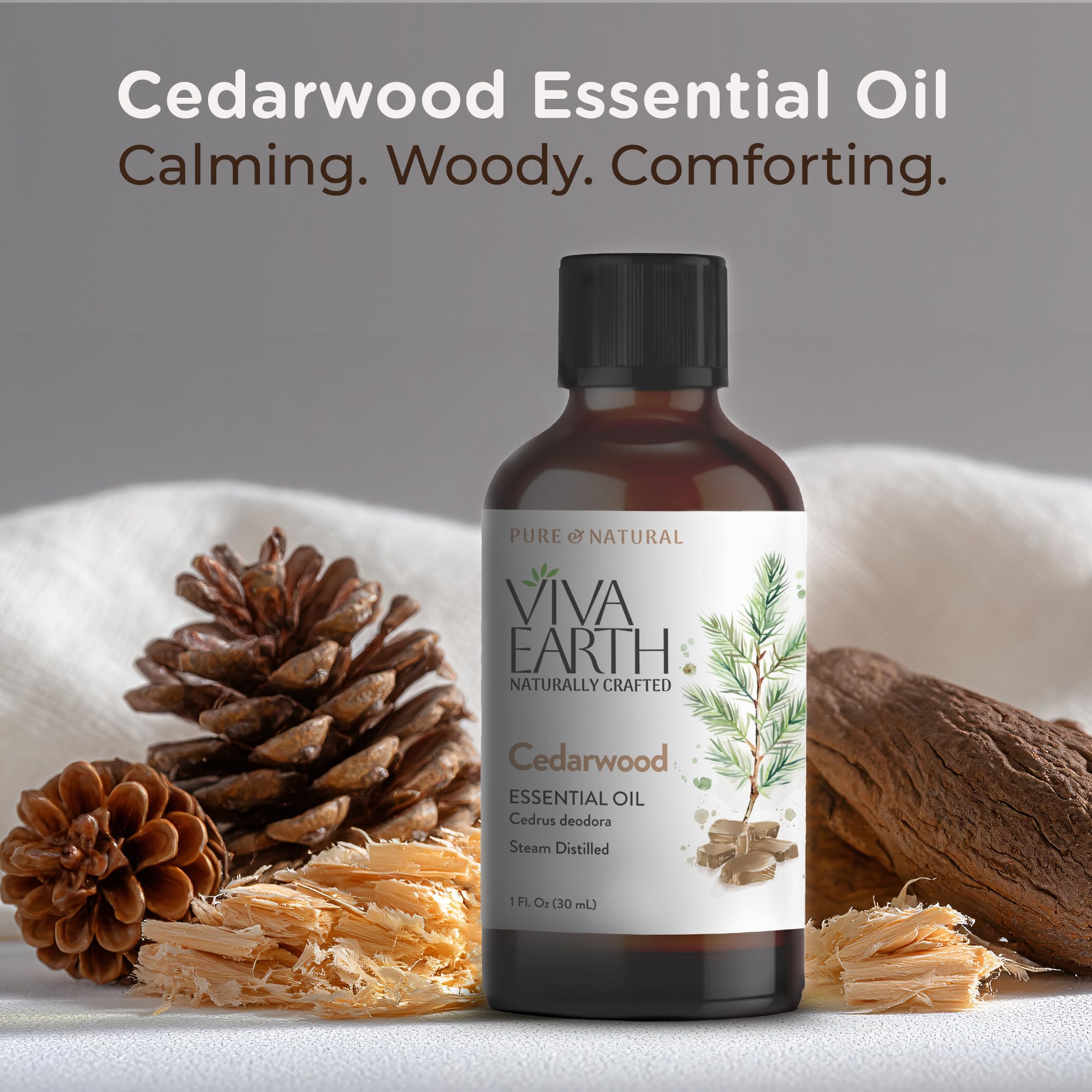 Viva Earth Cedarwood bottle in diffuser-blend setup for warm, woodsy ambience.