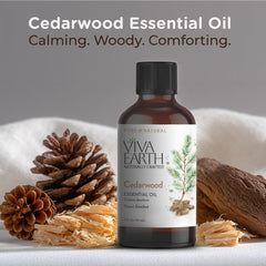 Viva Earth Cedarwood bottle in diffuser-blend setup for warm, woodsy ambience.