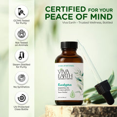 Viva Earth Eucalyptus oil applied to hair and scalp care routines for balance.