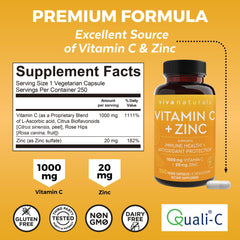 Viva Naturals 250 capsules close-up highlighting 1000 mg vitamin C