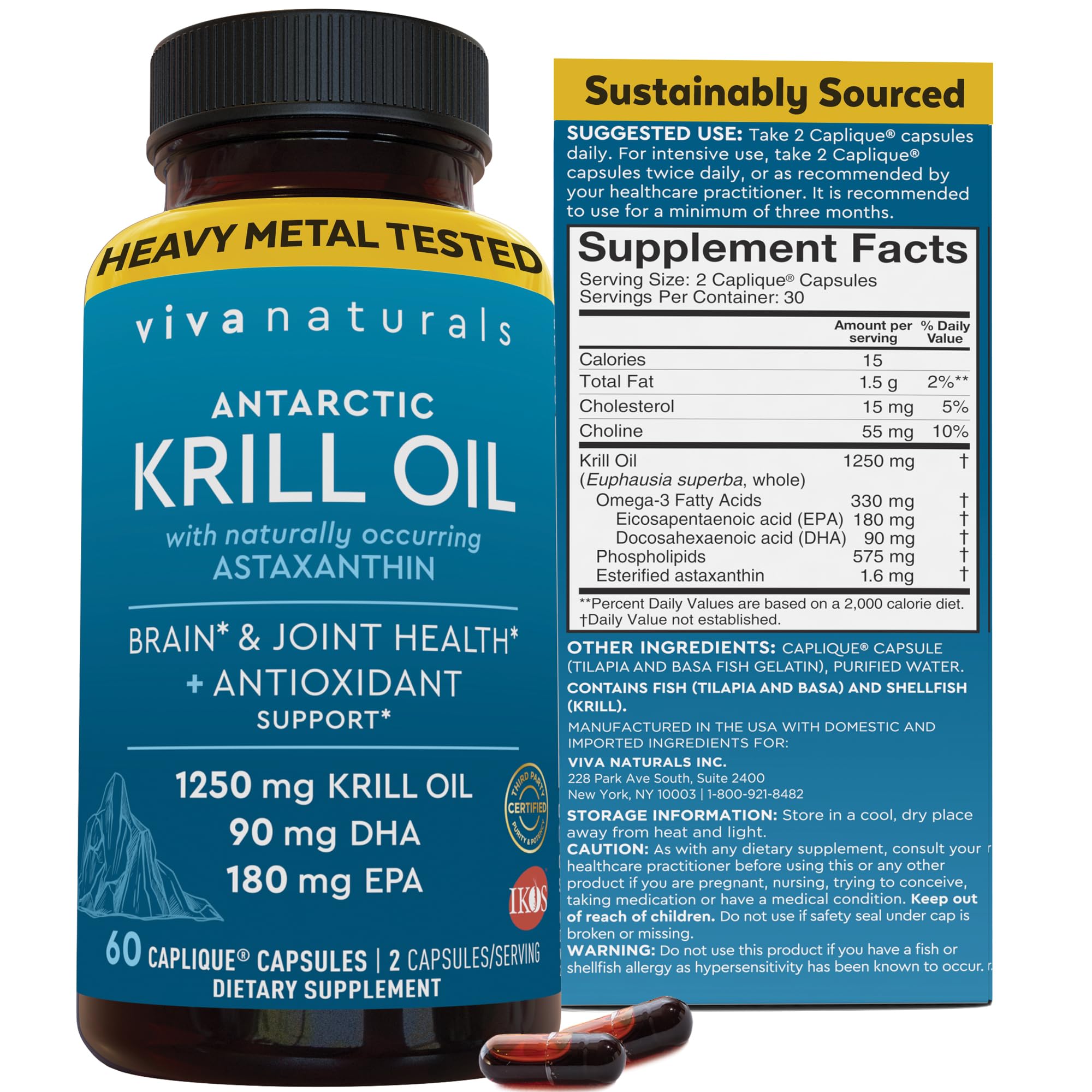 Viva Naturals Antarctic Krill Oil bottle showing high omega-3 concentration for daily use