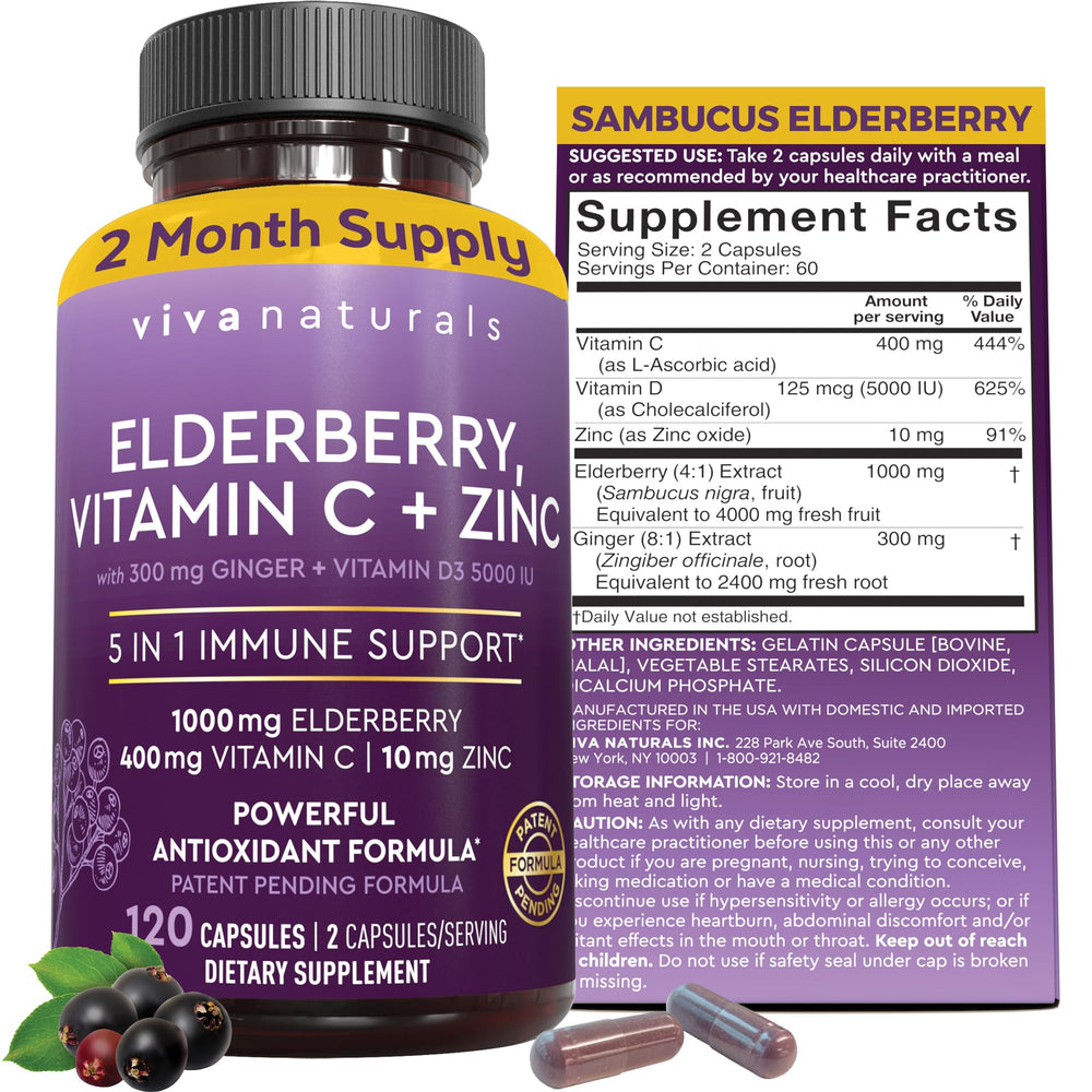 Viva Naturals elderberry bottle front, highlighting immune support on the go.