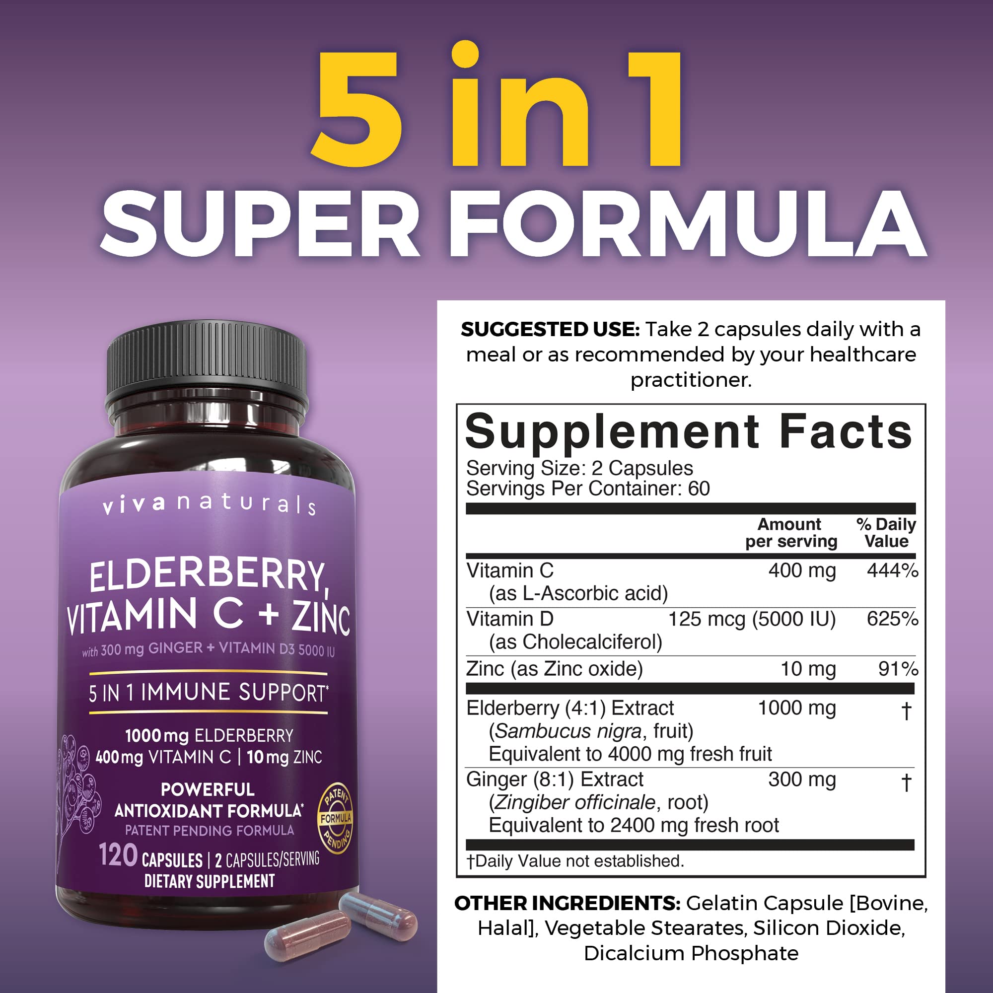 Viva Naturals elderberry capsules closeup, showing convenient daily immune support.