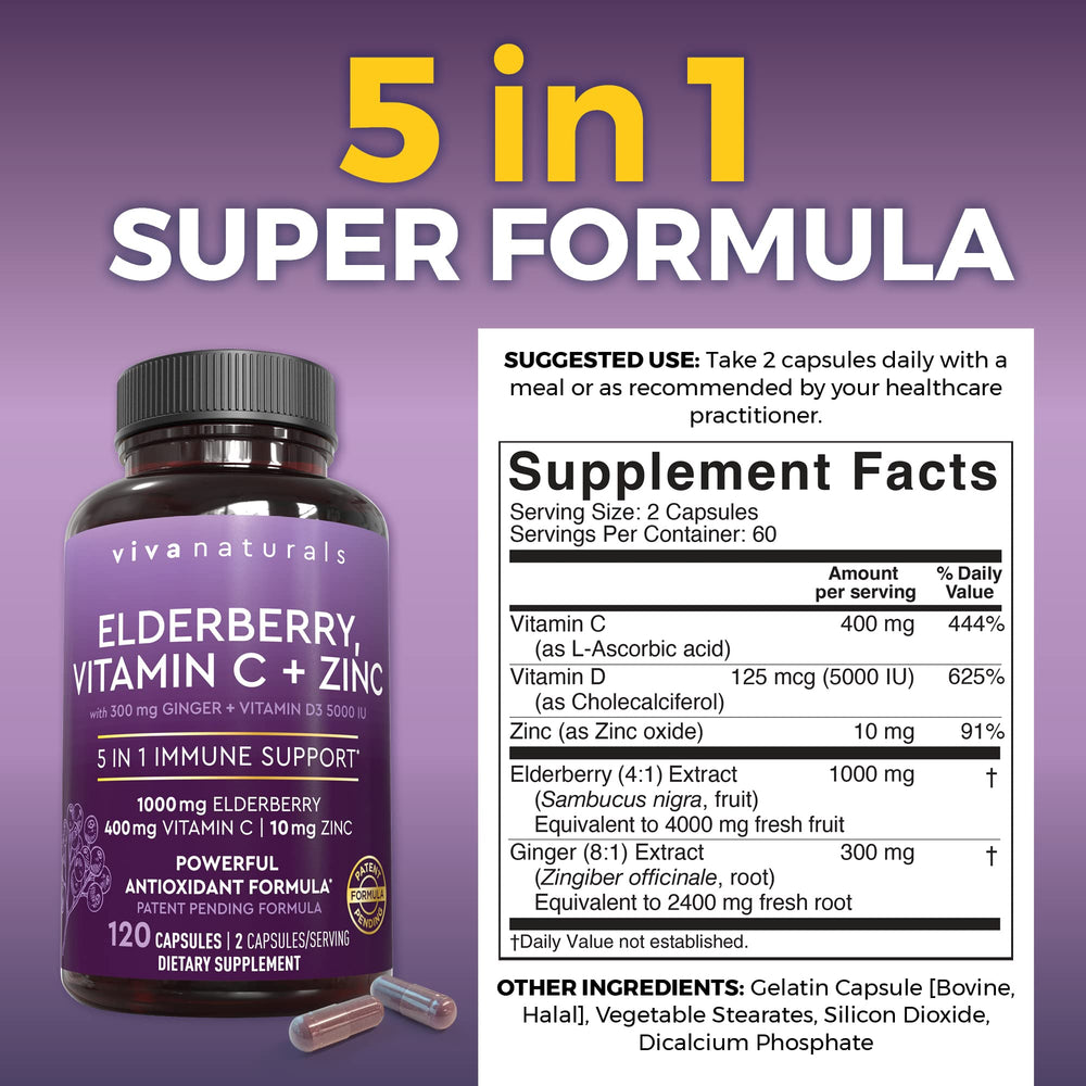 Viva Naturals elderberry capsules closeup, showing convenient daily immune support.